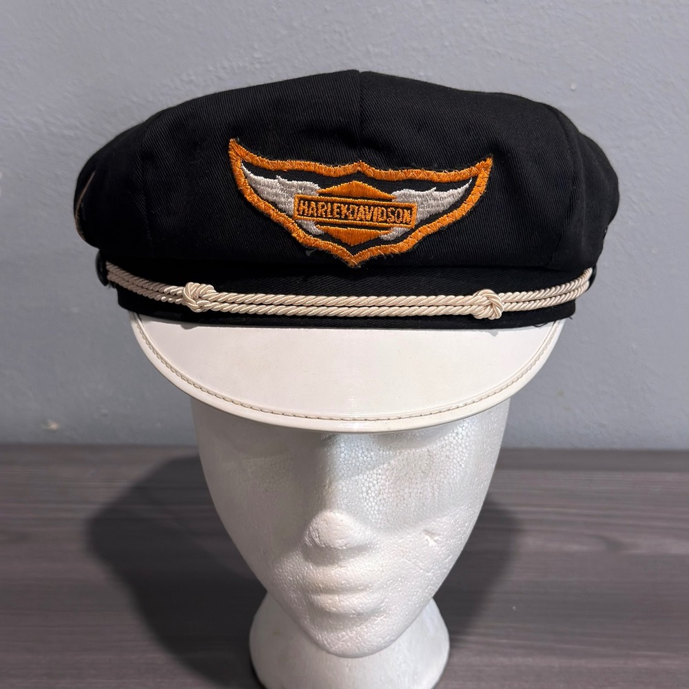 Harley Davidson Captains Cap Black White Brim Wing Logo 7 1/8 Vintage Biker Hat